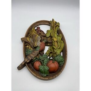 Vintage Burwood Products Rustic Home Decor Fall Pheasant Pumpkins‎ Plaque